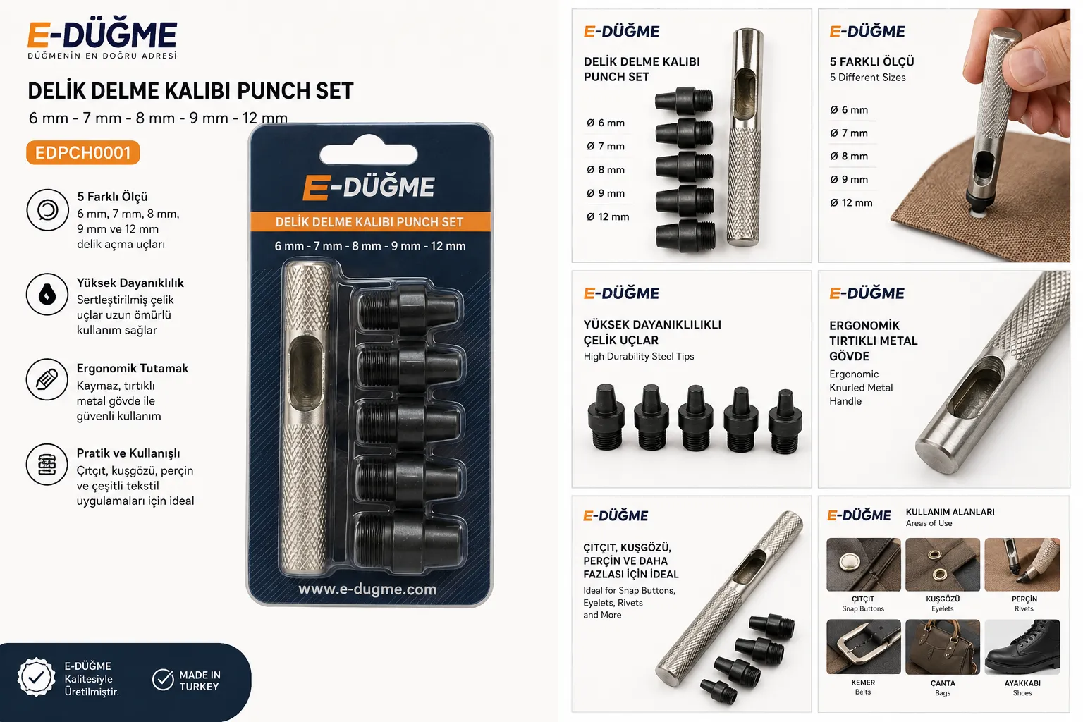 Delik Delme Kalıbı Punch Set 6 mm 7 mm 8 mm 9 mm 12 mm - E-Düğme Tekstil Aksesuarları